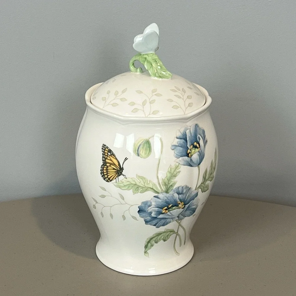 Lenox Butterfly Meadow Small Canister with Blue Butterfly Lid Cookie Jar 8 3/4